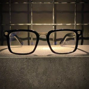 عینک CHROME HEARTS فریم کائوچویی مشکی طلایی / شیشه بلوکات سفید کد XC001